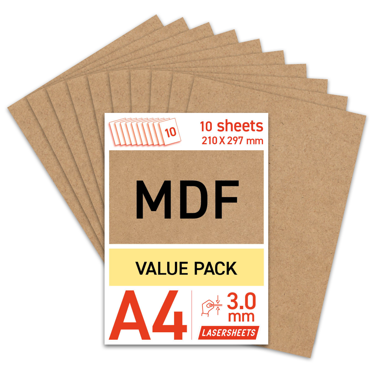 10 x A4 3mm MDF Laseplatten | 210 x 297 mm | Vorteilspack | Für Laserschneiden, Modellbau, Hobby, CNC, Pyrographie