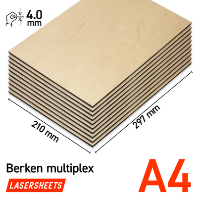 10 x A4 4mm Birken-Multiplex Laserplatten | 210 x 297 mm | Vorteilspack | Für Laserschneiden, Modellbau, Hobby, CNC, Pyrographie
