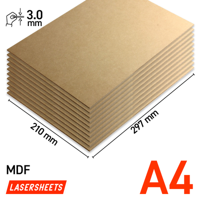 10 x A4 3mm MDF Laseplatten | 210 x 297 mm | Vorteilspack | Für Laserschneiden, Modellbau, Hobby, CNC, Pyrographie