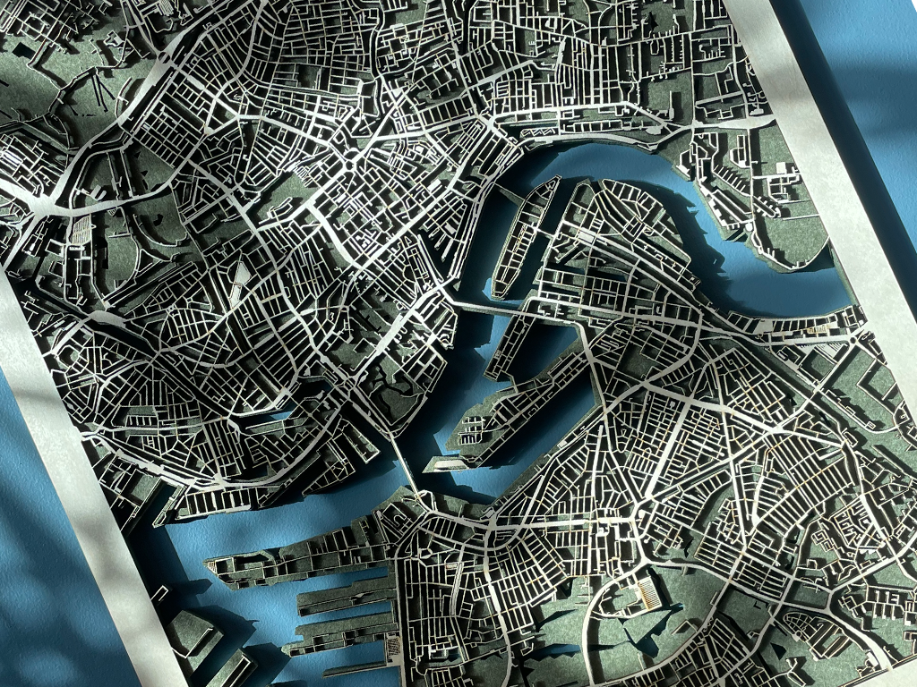 Gelasersneden stadskaart van hout als wanddecoratie